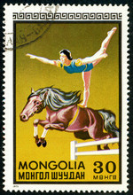 Ukraine - Circa 2017: A Postage Stamp Printed In Mongolia Shows Drawing Acrobat On Horse. Series: Circus. Circa 1973.