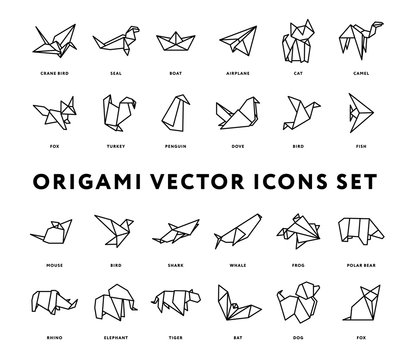 Origami Folded Paper Animals Shapes. Bird, Crane, Cat, Dog, Rhino, Fox, Mouse, Elephant. Flat Line Outline Stroke Icon Illustration Set Collection