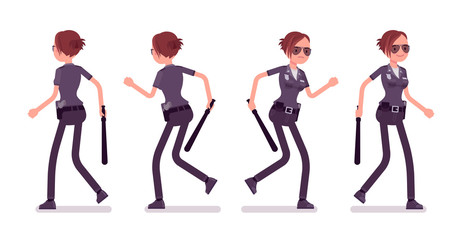 Wall Mural - Young policewoman walking and running