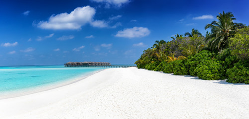  Panorama eines tropischen Traumstrandes mit Palmen, feinem Sand und türkisem Wasser
