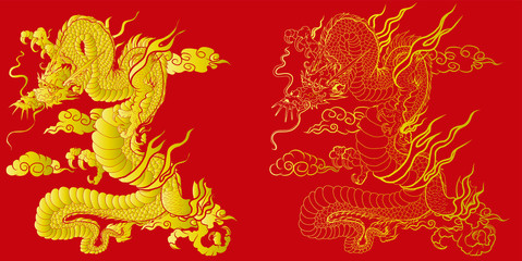 Gold dragon on red background.Chinese dragon tattoo.