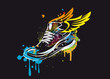 Ein buntes Sneaker Graffiti mit Flügel auf schwarzen Hintergrund