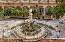 The Majolica Cloister With Fountain In Courtyard Of The Santa Caterina Church, Palermo, Italy.