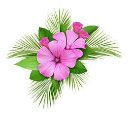 Wall Mural - Palm leaves and pink wild flowers composition