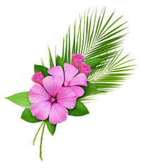 Wall Mural - Palm leaves and pink wild flowers bouquet