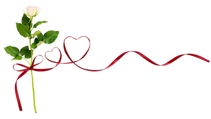 Wall Mural - Red silk ribbon hearts and white rose flower for Valentine's day