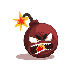 Wall Mural - Bomb with lit burning fuse. Ready for explosion. Cartoon character with angry face expression. Flat vector design for emblem, social network sticker or print