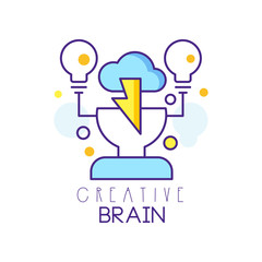 Sticker - Colorful linear logo design with human head, cloud and light bulbs. Brainstorming process. Creative idea and thinking concept. Vector label for creative hub, development center