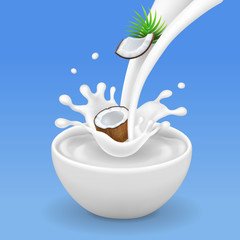 Wall Mural - Coconut in milk splashes in yogurt bowl. Vector realistic 3d illustration