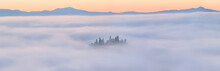 Amazing Scenery View Of Tuscany Countryside In Morning Fog. Rural Landscape. Italy, Podere Belvedere.