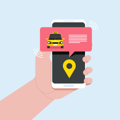 Taxi online service with using mobile phone vector illustration