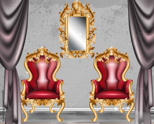 Red Baroque glamour armchair. Furniture with Victorian ornamented fabric. Vec...