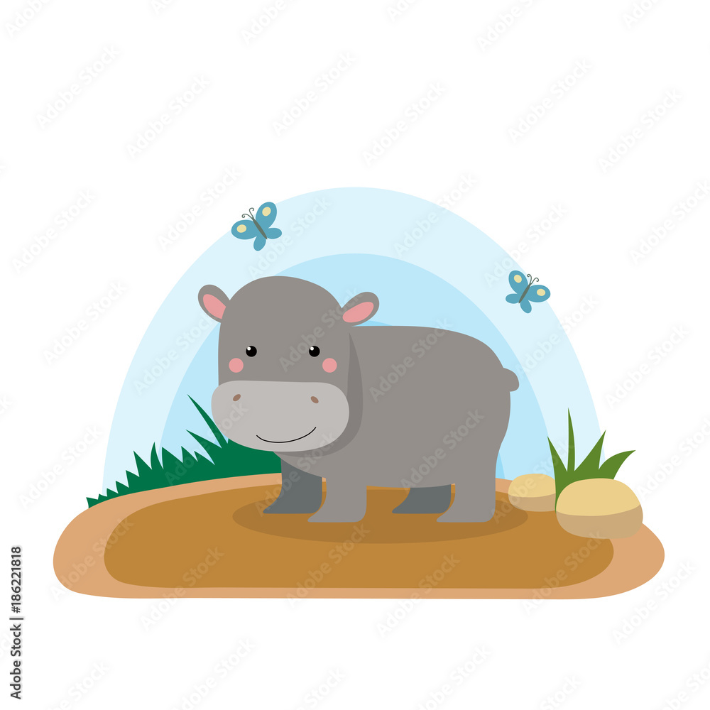 Wild animals with landscape - cute cartoon vector illustration of hippo