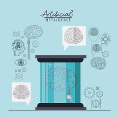 Wall Mural - artificial intelligence poster with chip and electronic circuit in shape of brain in transparent container in light blue background