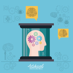 Wall Mural - artificial intelligence poster with human head silhouette with pinions in side view in transparent container in light blue background