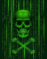 Wall Mural - jolly roger skull binary code numbers. hacker piracy computer online attack alert. scary warning hac