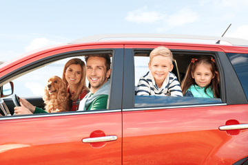 Young family with children and dog in car