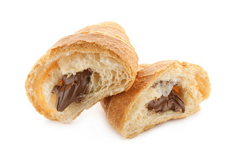 Fototapete - Yummy fresh croissant with chocolate on white background