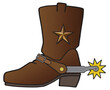 A leather cowboy boot with a metal star decoration has a spur attached