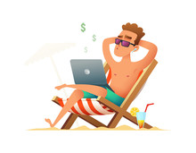 Man Sitting On A Lounger And Working On The Computer. Freelancer Gets Paid, Sitting And Relaxing On The Beach On Weekends Or Holidays. Business Man Summer Vacation Work.