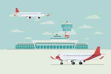 Plane At Airport Arrivals And Departures Travel, Vector Illustration
