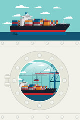 Ship porthole Window view loaded container at harbor and cargo ship at ocean. icon Vector illustration