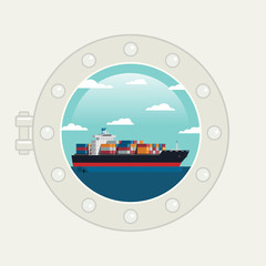 Wall Mural - Ship porthole window cargo ship at ocean. icon Vector illustration