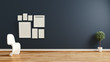 © Interior Design - Empty room interior design, white chair and frame on dark wall background. 3D rendering