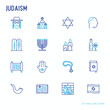 Judaism thin line icons set: Orthodox jew, star of David, sufganiyot, hamsa, candles, synagogue, skullcap, rosary, Western Wal, Tanakh. Modern vector illustration.