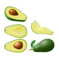 Wall Mural - Set of isolated colored avocado half with pit, slices and whole juicy fruit with green leaf on white background. Realistic fruit collection.