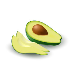 Wall Mural - Isolated realistic colored half of juicy avocado with pit and slices with shadow on white background. Side view.