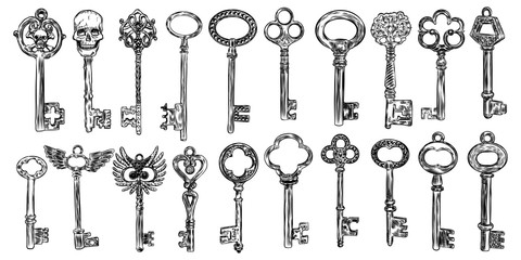 Wall Mural - Big set of retro keys, vintage style. Key collection illustration for antiques decoration.  Ornamental medieval collection. Hand drawn old realistic design Vector.