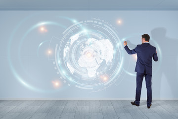 Poster - Businessman using digital planet earth interface on a wall 3D rendering
