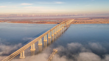Drone Photo Of A Bridge In Running Over The Delta In California