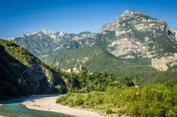 Fototapete - Summer panorama of Alps mountains