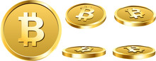 Gold Bitcoin Coins Isolated On White.