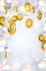 Wall Mural - Shiny winter card with gold bitcoins.