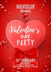 Wall Mural - Red Party Flyer for Happy Valentine's Day. Beautiful Background with Realistic Air Balloon in the Shape of Heart. Vector Illustration with Confetti. Invitation to Nightclub.