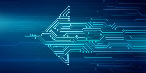 Abstract digital illustration of microchip board in arrow shape movingfrom right to left on blue background. Technology concept image.