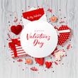 Happy Valentine's Day Festive Card. Top View on Composition with Gift Boxes, Confetti and Serpentine on Wooden Texture. Vector Illustration. Decoration Banner with Lollipop and Candles.