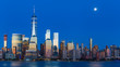 Lower Manhattan Skyline and moon rising at blue hour, NYC, USA