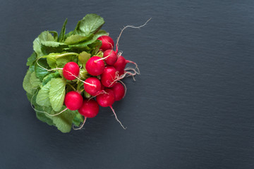 Wall Mural - Bunch of radish with leaves on black background. Top view, copy space.