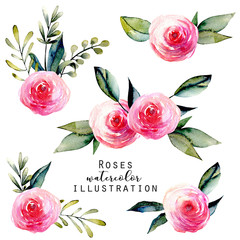 Wall Mural - Watercolor red roses and green leaves bouquets set, hand drawn isolated on a white background