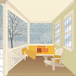 House porch with furniture - wooden bench and chair. Cozy winter interior with pillows, mattress and knit plaid. Winter snowcovered landscape with bare trees and snowflakes. Vector illustration