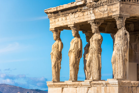 karyatides statues, erehtheio, on the acropolis in athens, greece