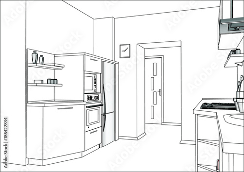 Vector Sketch Modern Kitchen Furniture Design In Apartment Sketch Modern Kitchen Furniture Design