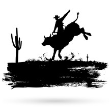 Grunge Banner, Silhouette Of A Cowboy Riding Wild Bull, Vector