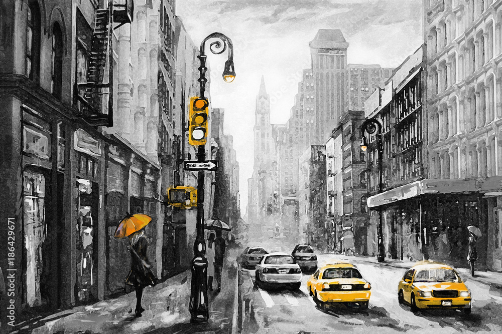 oil painting on canvas, street view of New York, man and woman, yellow taxi,  modern Artwork,  American city, illustration New York - obrazy, fototapety, plakaty 