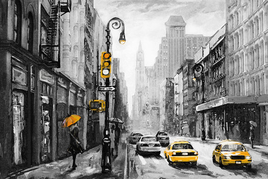 oil painting on canvas, street view of new york, man and woman, yellow taxi, modern artwork, america