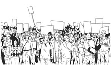 Black And White Illustration Of Large Crowd Protest With Blank Signs
